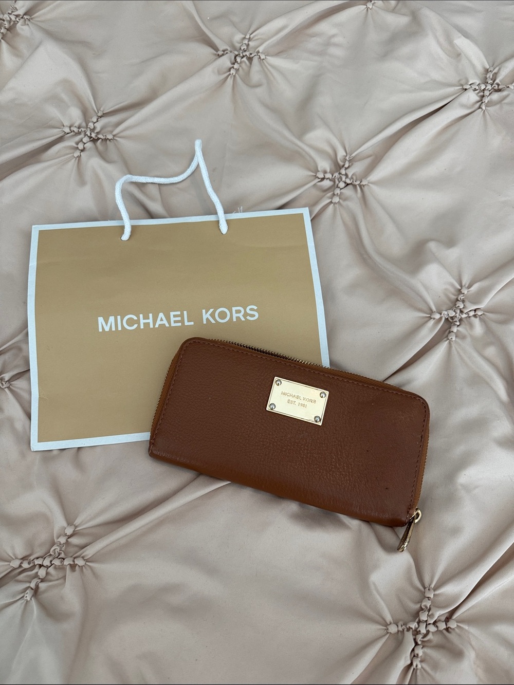 MICHAEL KORS Brown Zip-Around Leather Wallet with Gold Plaque